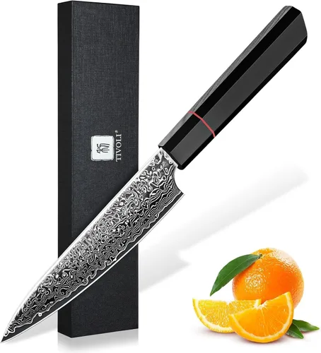 Miniatura 15 de TIVOLI Cuchillo Mondador de Acero de Damasco, Cuchillo de Frutas VG-10 con Hoja Extremadamente Afilada y Mango Ergonómico de Madera de Olivo, Ideal