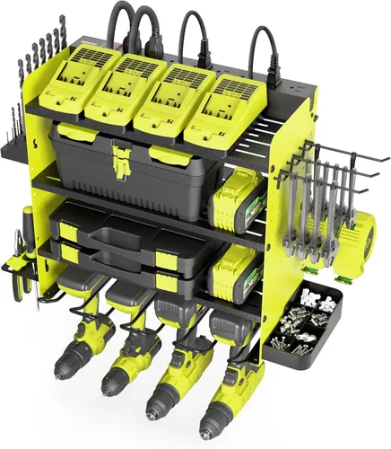Organizador de herramientas eléctricas con estación de carga, soporte de pared para taladro de 4 niveles, estante metálico para garaje con regleta