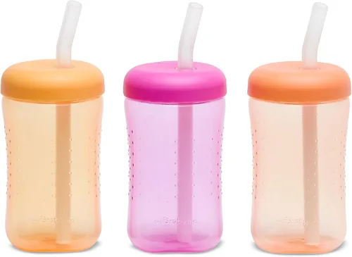 The First Years Squeeze & Sip - Vasos con pajita para niños pequeños, taza de transición exprimible con popote de silicona, suministros de amarillo