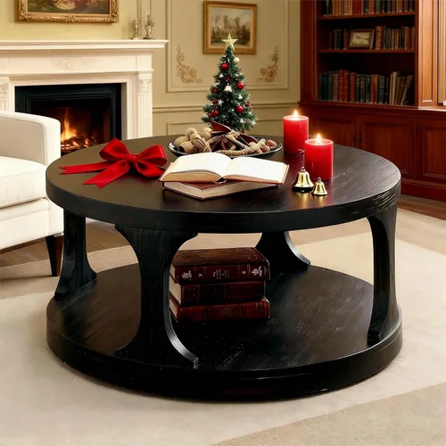 Miniatura 42 de KEVINSPACE Mesa auxiliar negra con borde dorado en la parte inferior, mesa de centro redonda para espacios pequeños, mesa auxiliar de madera mesita
