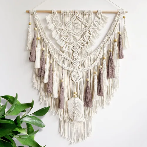 Miniatura 12 de lokeisna Macramé para colgar en la pared, tapiz tejido beige y rosa polvoriento, hecho a mano, decoración de pared de macramé, galería y guardería