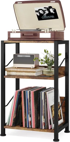 Hosfais - Soporte para tocadiscos de 3 niveles, mesa de almacenamiento para discos de vinilo retro para sala de estar y dormitorio (marrón)