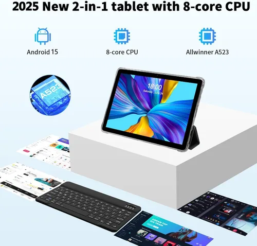 Miniatura 3 de Tablet Android 15, tabletas 2 en 1 de 10 pulgadas con funda para teclado y lápiz capacitivo, procesador Octa-Core de 128 GB, Wi-Fi 6 5G, pantalla HD