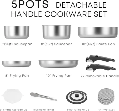 Miniatura 2 de Caannasweis Juego de utensilios de cocina antiadherentes desmontables, ollas y sartenes de inducción apilables con asas extraíbles, aptos
