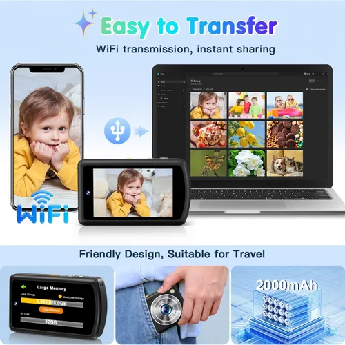 Miniatura 7 de Cámara digital AI, cámaras WiFi para fotografía con reconocimiento de objetos, cámara digital compacta de apuntar y disparar con doble lente, flash