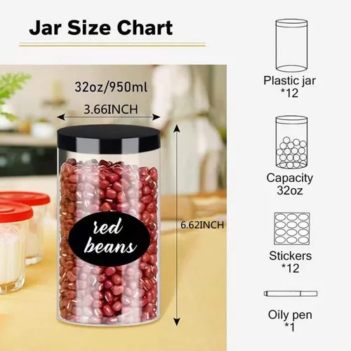 Miniatura 2 de SLifeJars Tarros de plástico transparente de 32 onzas, paquete de 12 recipientes grandes redondos de plástico PET con tapas negras de rosca, tarros