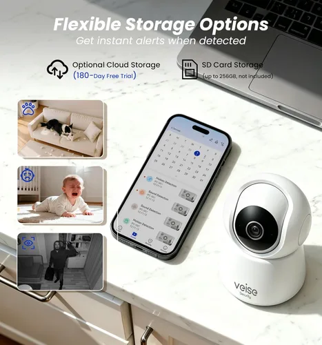 Miniatura 7 de Veise Cámara interior 2K para seguridad del hogar, monitor inalámbrico de 360° para mascotas y bebés con aplicación de teléfono, detección