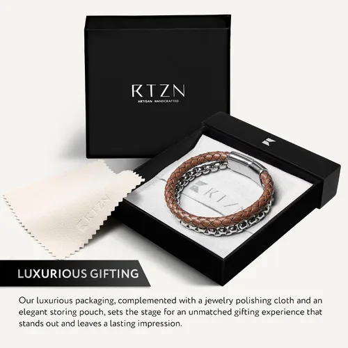 Miniatura 17 de RTZN® Brown Leather Bracelet for Men – Premium Artisan Handcrafted Mens Leather Bracelet – Multi-Stand Mens Bracelet Leather Collection Beaded