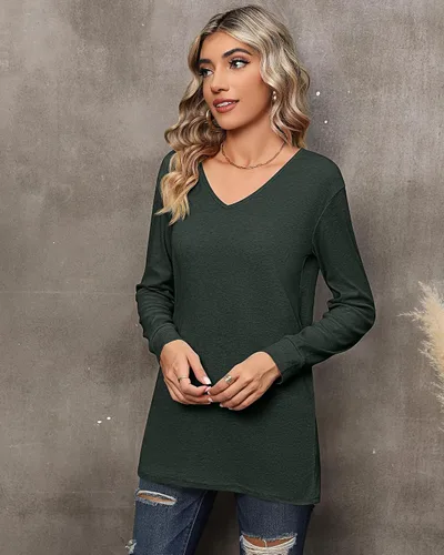 Miniatura 9 de Riyiper 2 camisetas de manga larga para mujer, cuello en V, lisas, casuales, holgadas, camisetas
