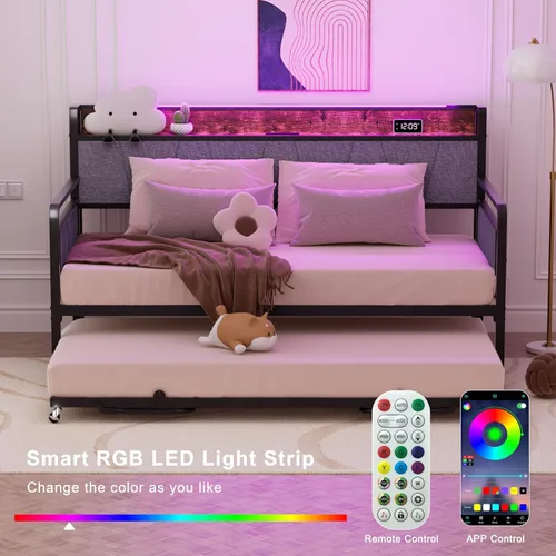 Miniatura 6 de Sofá cama individual con nido, moderno sofá cama individual, marco de cama de metal resistente con cabecera tapizada para sala de estar, dormitorio