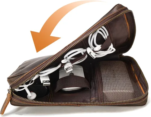 Miniatura 9 de Polare - Organizador de cables de viaje de cuero de grano completo, bolsa de transporte para accesorios electrónicos con cremalleras YKK, bolsa