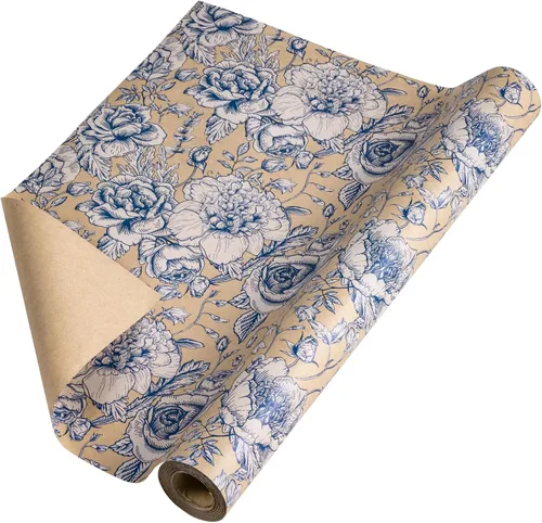 Miniatura 8 de RUSPEPA Rollo de papel de regalo floral, mini rollo, rosas azules con delicado papel kraft de follaje, papel de regalo de flores vintage
