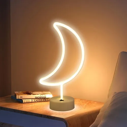 Miniatura 3 de ENUOLI lámpara de noche de neón LED de forma de luna blanca cálida con base de soporte, lámpara de neón de luna, alimentada por batería y USB, Moon