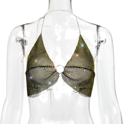 Miniatura 4 de Camiseta corta sin espalda con diamantes de imitación brillantes para mujer, sexy, halter, transparente, para salir por la noche, fiesta, club