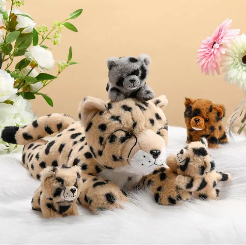 Miniatura 5 de Silipull Juego de 5 piezas de animales de peluche de guepardo grande con 4 cachorros suaves en su barriga para niños y niñas, regalos de cumpleaños