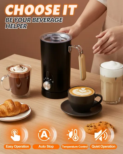 Miniatura 8 de Espumador de leche eléctrico 5 en 1, espumador de leche automático para hacer chocolate caliente con mango de grano de madera, calentador de leche