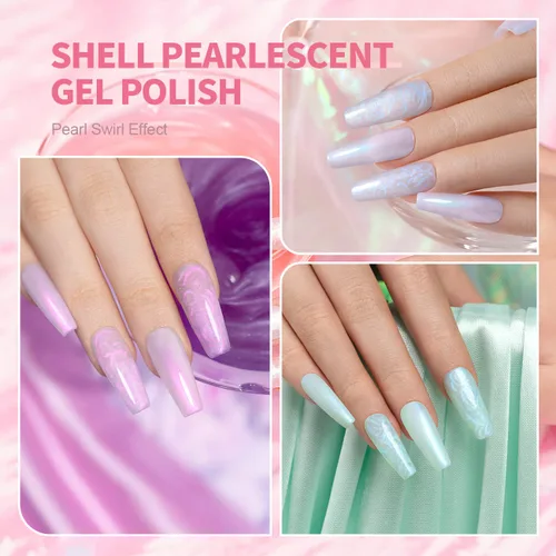 Miniatura 3 de RARJSM - Juego de esmaltes de uñas de gel perla, 6 colores: concha nacarada, purpurina, blanco, oro, rosa, verde, púrpura, con brillo de sirena