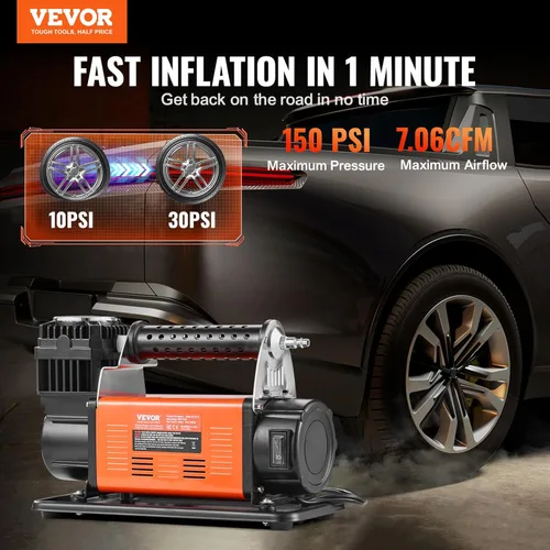 Miniatura 2 de VEVOR - Inflador de neumáticos portátil de 12V, compresor de aire de servicio pesado de 7.06 CFM, bomba de aire todoterreno de 150 PSI