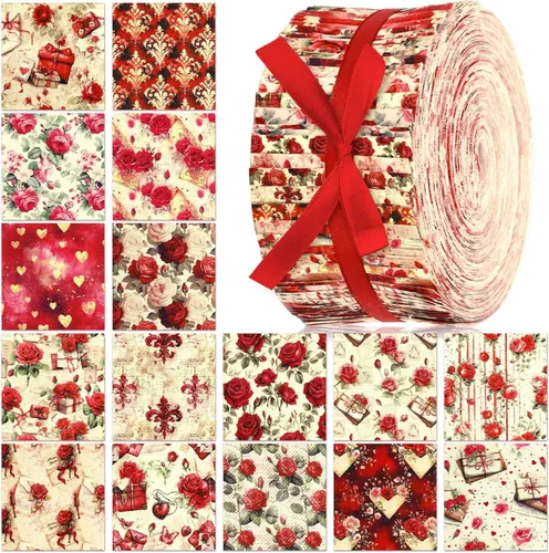 Miniatura 29 de Ganeen 100 piezas de rollo de tela para acolchado floral rosa y morado, cuadrados de tela de 2.56 pulgadas, tiras de tela de jalea precortadas