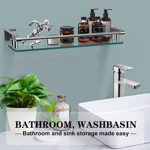 Miniatura 3 de Estantes de vidrio para baño, estante rectangular de acero inoxidable cromado de 20 pulgadas, estante de vidrio templado para montaje en pared