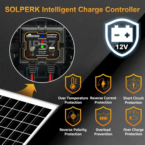 Miniatura 3 de SOLPERK Kit de panel solar de 10 W 12 V, cargador de batería solar impermeable + controlador MPPT inteligente + soporte de montaje ajustable