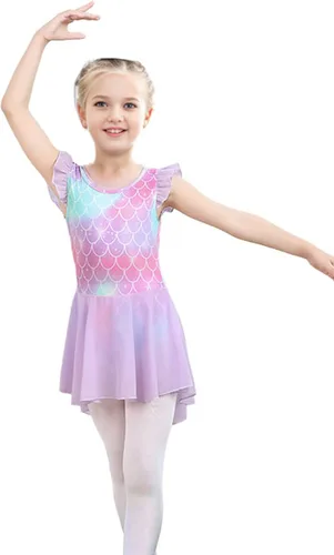 Miniatura 3 de iLover Vestido de leotardo clásico con mangas con volantes para niñas, para danza, gimnasia y ballet