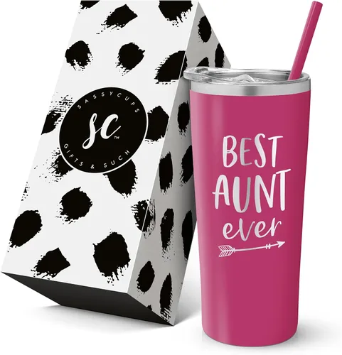 Vaso personalizado de acero inoxidable con la frase "Best Aunt Ever", taza aislada con bonito diseño, tapa de cierre deslizante con pajilla, para