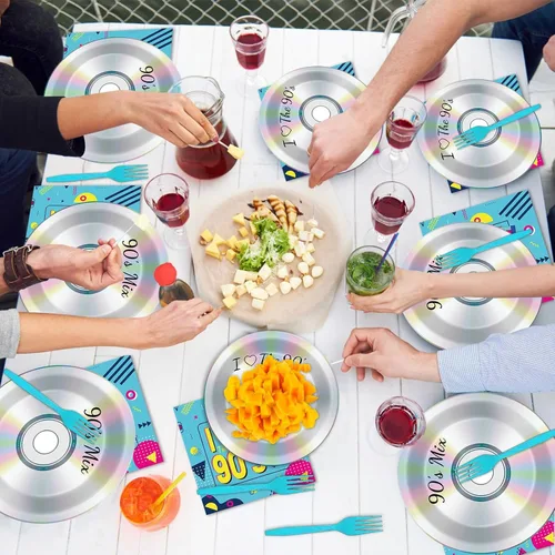 Miniatura 7 de 200 piezas de platos para fiesta de los 90, servilletas, juego de vajilla de CD mix de los 90 para decoración de fiesta temática retro de los 90