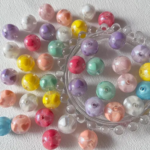 Miniatura 4 de Cuentas acrílicas chapadas de 0.631 pulgadas (0.630 in), cuentas coloridas y brillantes con patrón de corazón para bricolaje, cadena de teléfono