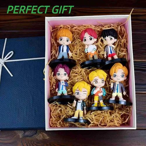 Miniatura 5 de Juego de 7 piezas de adornos para pasteles de personajes BTS, figuras de acción, juguetes, mini figuras BTS, muñecos, suministros para fiestas
