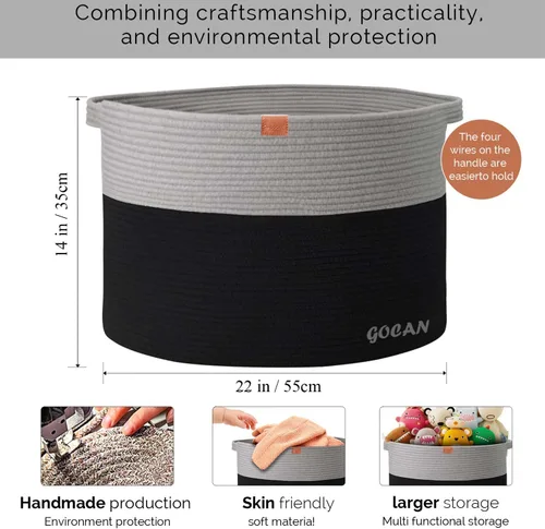Miniatura 4 de GOCAN Cesta de almacenamiento extragrande para lavandería, 22 x 22 x 14 pulgadas, cesta tejida de cuerda de algodón para manta con asas para sala