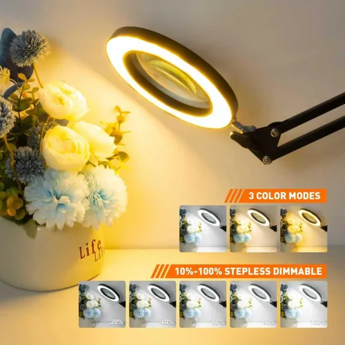 Miniatura 6 de Lámpara de lupa de 10 aumentos con luz y soporte, 2,200 lúmenes, luz iluminada con atenuación sin escalones en 3 colores, 4 pilares de PCB y lámpara
