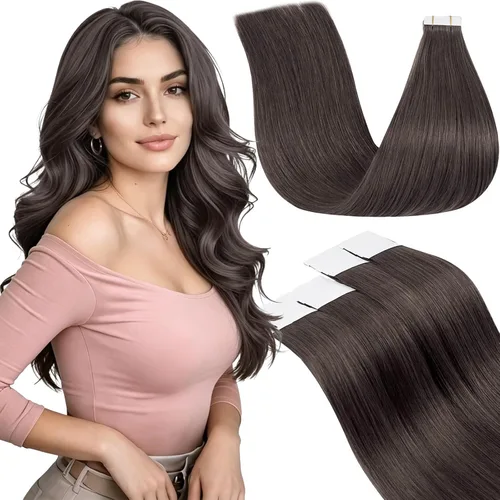 Miniatura 23 de LaaVoo Extensiones adhesivas de cabello humano real, color negro azabache, extensiones de cabello humano liso y sedoso, 10 pulgadas, 20