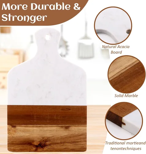 Miniatura 3 de FillTouch 2 tablas de cortar de mármol y madera de acacia de 13 x 8.5 pulgadas, tablas de charcutería de mármol blanco para servir queso con asa