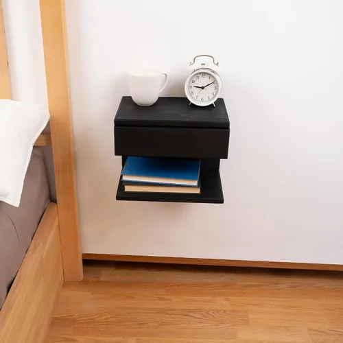 Mesita de noche flotante lateral o mesa auxiliar con cajón de almacenamiento, estante de noche de madera, mesa flotante hecha a mano, estante para