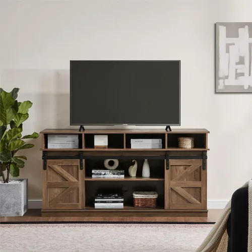 Miniatura 11 de Soporte de TV con puerta corrediza de granero, centro de entretenimiento de madera moderna y rústica, armario de almacenamiento, mesa de estar