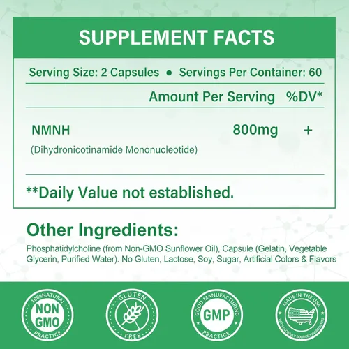 Miniatura 2 de Suplemento NMNH puro 120 cápsulas – 800 mg de suplementos de NMNH de alta pureza, suplemento de NAD para Boost NAD+ para energía celular