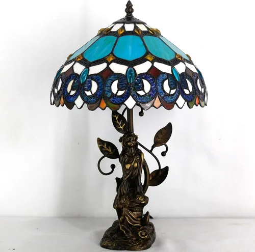 Miniatura 2 de Tiffany - Lámpara de mesa con vitrales, 12 x 12 x 18.5 pulgadas, escultura de resina, luz de lectura antigua (joyería azul barroco) Escultura