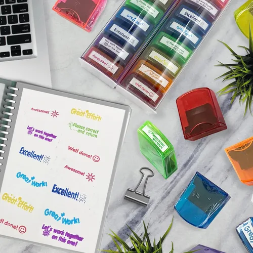 Miniatura 6 de Sellos para profesores para el aula de calificación, juego de sellos autoentintados para profesores, sellos para suministros escolares para Arcoíris