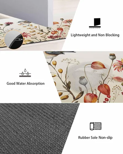 Miniatura 3 de Tapete de baño antideslizante para bañera, diseño de pájaros y flores, de secado rápido y absorbente, de tierra de diatomeas, tapete de cocina