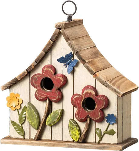 Glitzhome Casas para pájaros colgantes para exteriores, 10.75 pulgadas de largo, casa para pájaros de madera maciza envejecida con flores 3D,