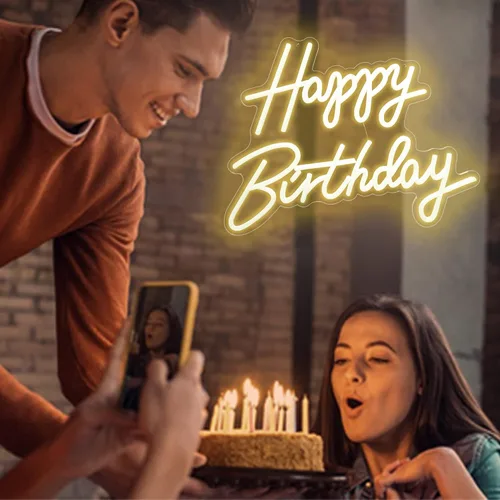 Miniatura 3 de Aslanka Letrero de neón de feliz cumpleaños, letreros de neón LED para decoración de fiestas, letrero de luz de neón HBD alimentado por USB