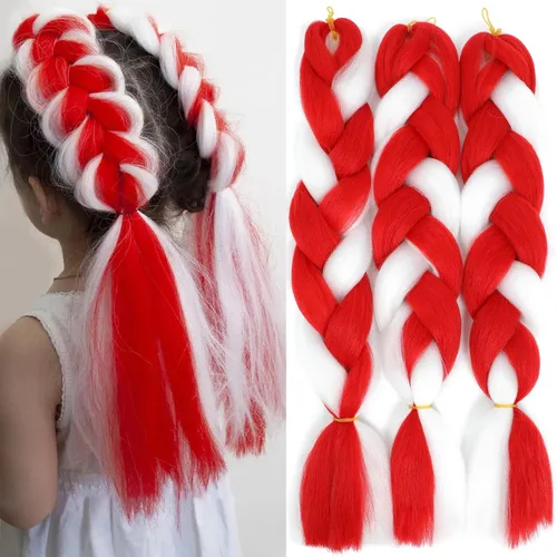 Extensiones de cabello trenzado jumbo para niños y niñas, extensiones de cabello trenzado de bastón de caramelo, cabello trenzado rojo/blanco de 24