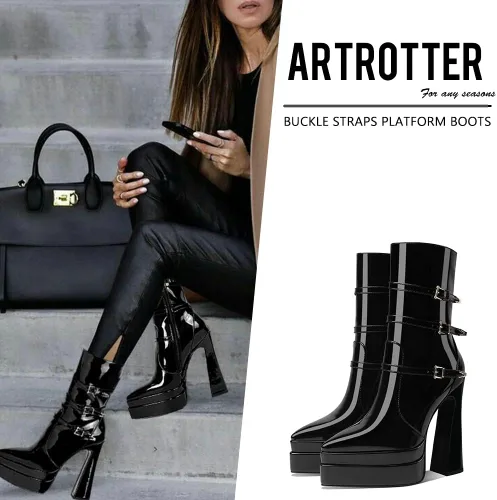 Miniatura 2 de Artrotter Botas de plataforma puntiaguda para mujer, botas de combate de tacón alto con cremallera de tamaño, botines de plataforma doble apilada