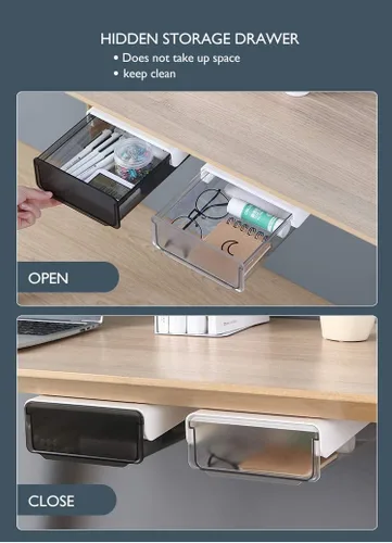 Miniatura 3 de Organizador de cajones para debajo del escritorio, paquete de 2 cajones autoadhesivos para almacenamiento debajo del escritorio, cajón de escritorio