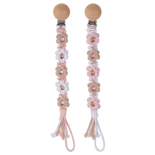 Miniatura 25 de Clip para chupete para niños y niñas, diseño de margaritas florales, macramé, clip para chupete, correa bohemia de madera hecha a mano de algodón
