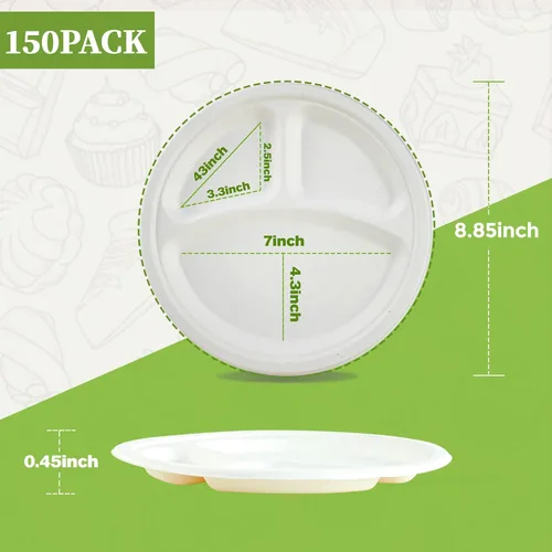 Miniatura 5 de ECOLipak Paquete de 150 platos compostables de 3 compartimentos, platos de papel biodegradables desechables de alta resistencia, platos divididos
