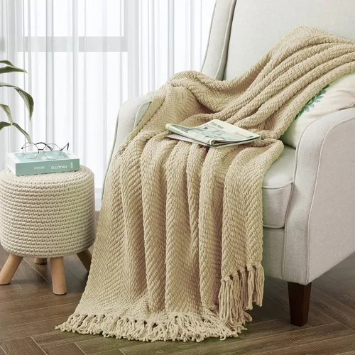 Miniatura 30 de Manta de tweed con borlas de flecos para sofá, decoración del hogar, cama, sofá, silla, 50 x 60 pulgadas, naranja óxido