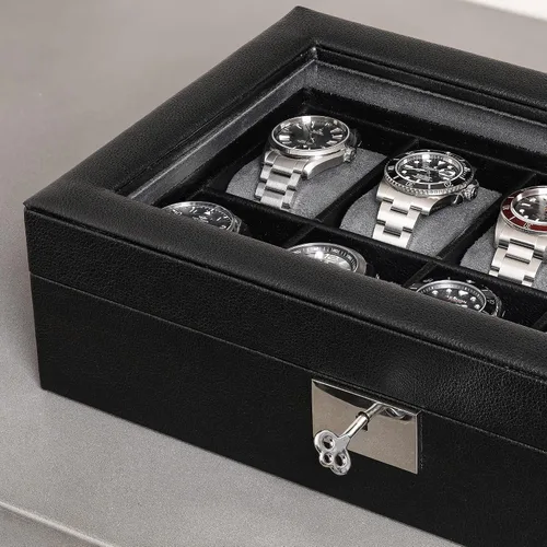 Miniatura 7 de ROTHWELL Caja de reloj de cuero con 10 ranuras, organizador de joyas de lujo, soporte para reloj con tapa de cristal grande, organizador de caja