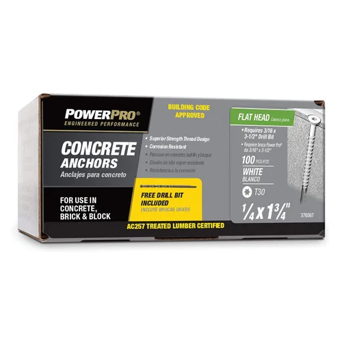 Miniatura 9 de Power Pro Anclajes de tornillo de hormigón de cabeza plana blancos (1/4" x 1-1/4") - 100 piezas
